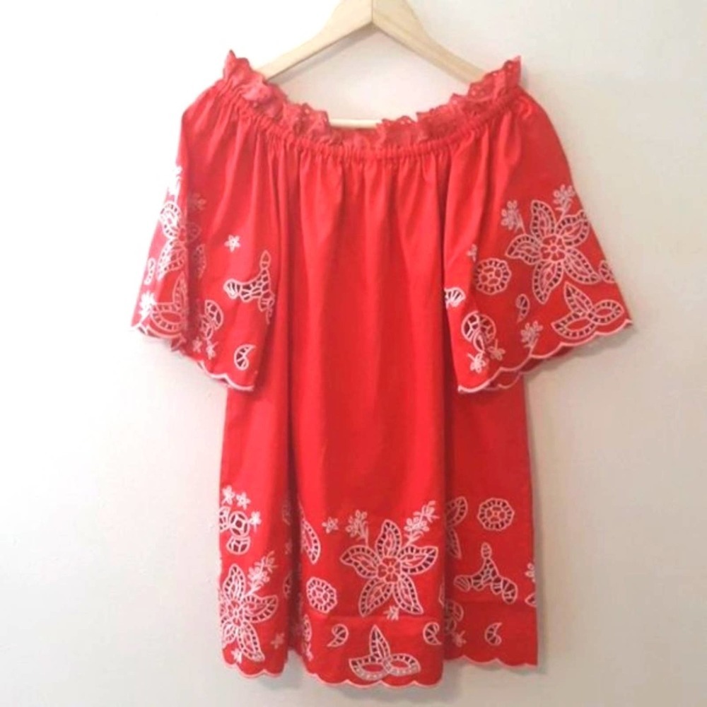 Anthropologie Smocked Boho Off the Shoulder Red Dress - Picture 4 of 8